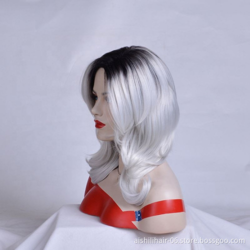 Popular dark gray wig synthetic hair trim lace front without gum long natural black 1B/ gray heat-resistant women's wig